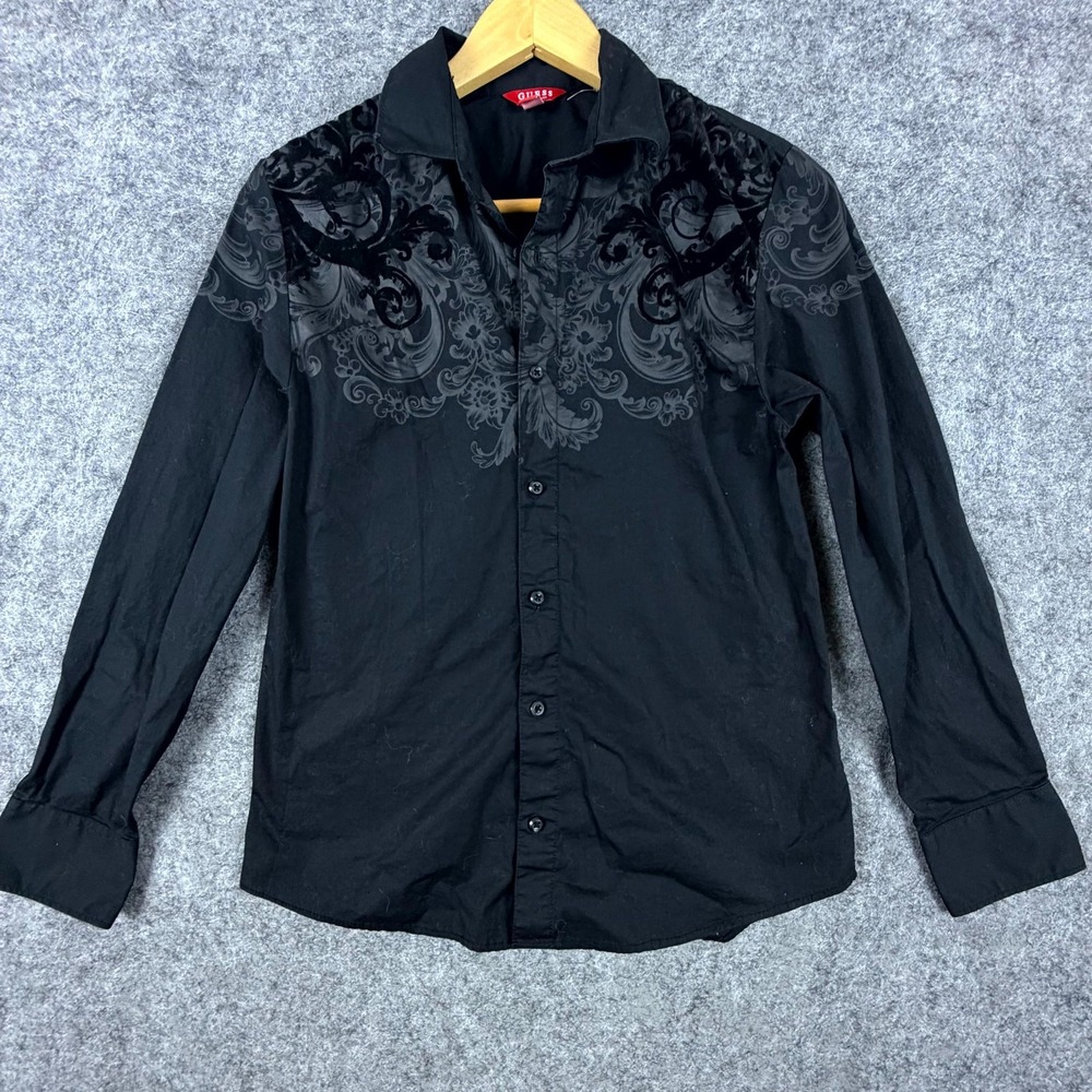 Guess Los Angeles Shirt Mens S Y2K Black Baroque Floral Damask Print Button Up